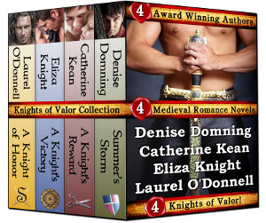 Knights of Valor medieval romance novel box collection, featuring medieval romance novels by Denise Domning, Catherine Kean, Eliza Knight and Laurel O'Donnell.